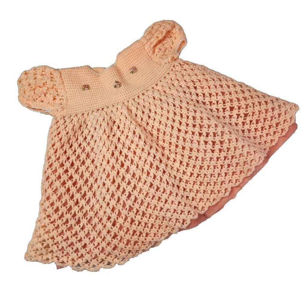 Vintage 60s Girls Dress Crochet Rosettes Peach Orange Size 3T